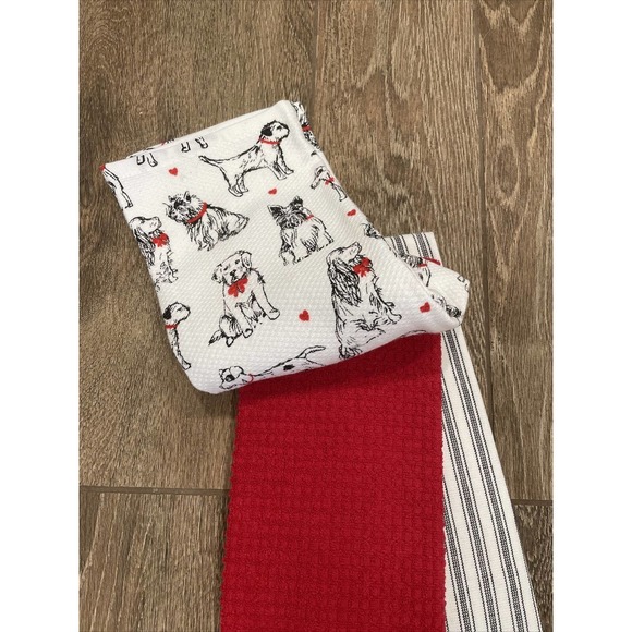Set 3 DOGS Black White Stripe Red Kitchen Towels Dog Fur Mom Mother’s Day NWOT - Picture 2 of 3